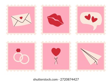 Conjunto de sello postal romántico del día de San Valentín con carta de amor, labios de beso, burbuja de discurso del corazón, anillos de compromiso, globo del corazón y plano de papel sobre fondos rosados.Ilustración vectorial