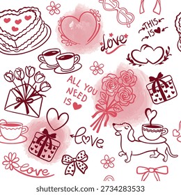 Romántico patrón sin fisuras de San Valentín con perro salchicha, rosas, café, regalos y corazones. Fondo festivo acogedor con salpicaduras de acuarela y letras de amor