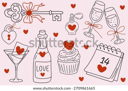 Romantic Valentine’s Day set with heart-shaped key, love lock, champagne glasses with ribbons, perfume bottle, cocktail glass, love bottle, cupcake with heart topper, and February 14 calendar.