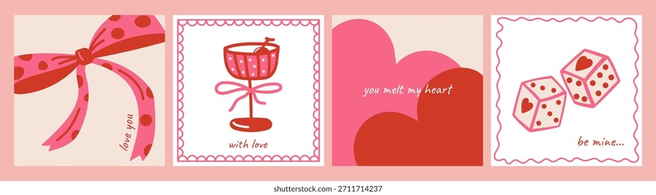 Romantische Karten zum Valentinstag mit Schleife, Weinglas, Herzwürfeln und süßen Pastelltönen. Moderner Doodle-Stil für Hochzeit, Liebe und Urlaubsdesigns.