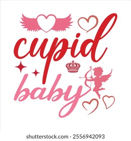 A romantic Valentine’s Day T-shirt design with heart-shaped patterns, roses, and playful Cupid arrows. Featuring a sweet message like "Be Mine" or "Love Forever" in elegant script fonts, complemented 