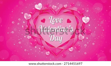 Romantic Valentine’s Day vector background featuring a large heart shape made of folded ribbon and geometric layers, surrounded by floating hearts, sparkles, and soft bokeh lights. Bright pink and mag
