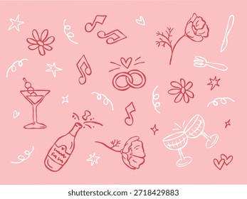 Romantische Vektor-Illustration zum Valentinstag mit einem niedlichen handgezeichneten Doodle-Style-Set aus Liebe und Hochzeitselementen auf weichrosa Hintergrund. Enthält Herzen, Blumen, Ringe, Champagner, Gläser, Noten und dekorative Symbole, perfekt für Designs über Liebe, Romantik, Dating, Hochzeiten, Jubiläen und Feiern. Ideal für Grußkarten, Einladungen, Poster, Social Media und festliches Branding.