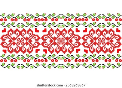 Romantic Valentine’s Day-themed cross-stitch pattern featuring red hearts, floral motifs, and intricate geometric designs. Perfect for creating festive embroidery projects, DIY crafts, greeting cards,
