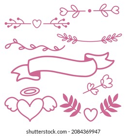 Romantic decor elements for decorating postcards and websites, elements for creating text dies and patterns, Valentines Day in doodle hand drawn style. Vector illustration