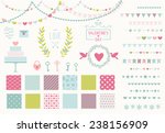 Romantic decor set. 15 garland lights vector brushes, decor elements and 12 seamless patterns. Perfect for valentines day card and wedding invitation. Isolated. Vector eps 10