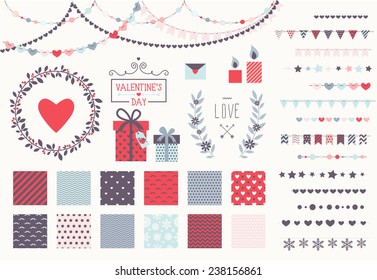 Romantic decor set. 15 garland lights vector brushes, decor elements and 12 seamless patterns. Perfect for valentines day card and wedding invitation. Isolated. Vector eps 10