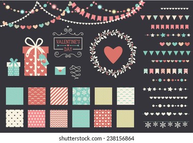 Romantic decor set. 15 garland lights vector brushes, decor elements and 12 seamless patterns. Perfect for valentines day card and wedding invitation. Isolated. Vector eps 10