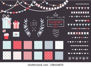 Romantic decor set. 15 garland lights vector brushes, decor elements and 12 seamless patterns. Perfect for valentines day card and wedding invitation. Isolated. Vector eps 10