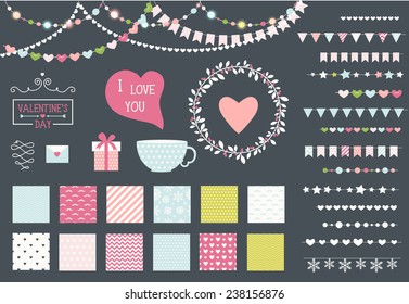 Romantic decor set. 15 garland lights vector brushes, decor elements and 12 seamless patterns. Perfect for valentines day card and wedding invitation. Isolated. Vector eps 10