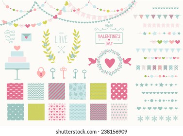 Romantic decor set. 15 garland lights vector brushes, decor elements and 12 seamless patterns. Perfect for valentines day card and wedding invitation. Isolated. Vector eps 10