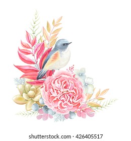 Romantic decoration with bird Blue-tail, English rose, succulent plant and leaves. Vector illustration in vintage style.