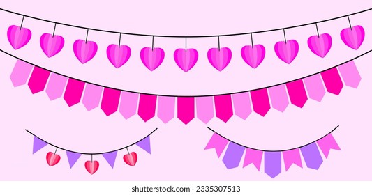 Romantic decoration set with hanging pink flags and paper love
