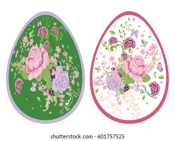 Romantic decorative flower ornament with roses on Easter eggs.