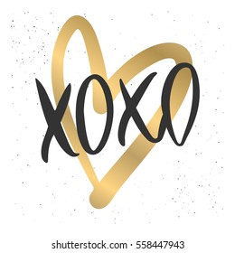 Romantic decorative poster with handdrawn lettering. Modern ink calligraphy. Handwritten black phrase XOXO and gold heart on white. Trendy vector design for Valentines Day or wedding