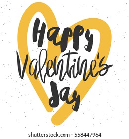 Romantic decorative poster with handdrawn lettering. Modern ink calligraphy. Handwritten black phrase and yellow heart on white. Trendy vector design for Valentines Day