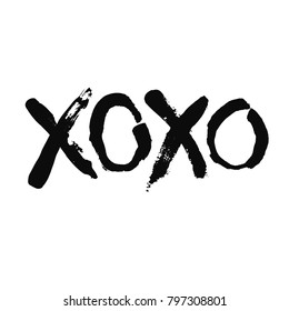 Romantic decorative poster with handdrawn lettering. Modern ink calligraphy. Handwritten rough black phrase XOXO isolated on white background. Trendy vector design for Valentines Day or wedding