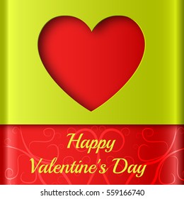 Romantic decorative template with red heart cut out from green paper background vector illustration