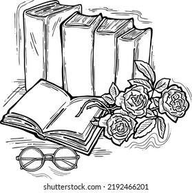 Romantic decorative vector composition with books, flowers and glasses for poster print, book store logo, teachers day postcard. Back to school vintage style theme. Hand drawn illustration.