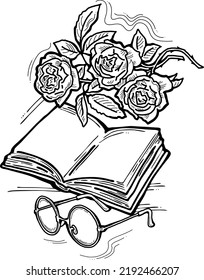Romantic decorative vector composition with books, flowers and glasses for poster print, book store logo, teachers day postcard. Back to school vintage style theme. Hand drawn illustration.