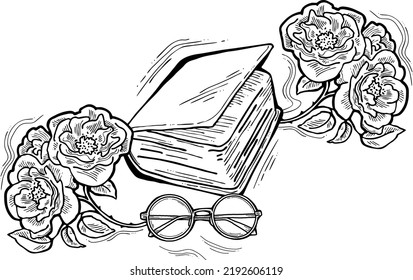 Romantic decorative vector composition with books, flowers and glasses for poster print, book store logo, teachers day postcard. Back to school vintage style theme. Hand drawn illustration.