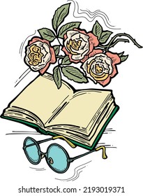 Romantic decorative vector composition with books, flowers and glasses for poster print, book store logo, teachers day postcard. Back to school vintage style theme. Hand drawn illustration.
