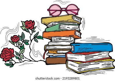 Romantic decorative vector composition with books, flowers and glasses for poster print, book store logo, teachers day postcard. Back to school vintage style theme. Hand drawn illustration.