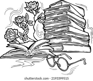 Romantic decorative vector composition with books, flowers and glasses for poster print, book store logo, teachers day postcard. Back to school vintage style theme. Hand drawn illustration.