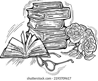 Romantic decorative vector composition with books, flowers and glasses for poster print, book store logo, teachers day postcard. Back to school vintage style theme. Hand drawn illustration.