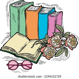 Romantic decorative vector composition with books, flowers and glasses for poster print, book store logo, teachers day postcard. Back to school vintage style theme. Hand drawn illustration.