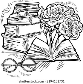 Romantic decorative vector composition with books, flowers and glasses for poster print, book store logo, teachers day postcard. Back to school vintage style theme. Hand drawn illustration.