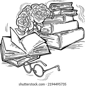 Romantic decorative vector composition with books, flowers and glasses for poster print, book store logo, teachers day postcard. Back to school vintage style theme. Hand drawn illustration.