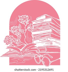 Romántica composición vectorial decorativa con libros, flores y gafas para la impresión de afiches, logo de la tienda de libros, postal del día del profesor. De vuelta al tema de estilo vintage de la escuela. Ilustración dibujada a mano.
