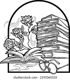 Romántica composición vectorial decorativa con libros, flores y gafas para la impresión de afiches, logo de la tienda de libros, postal del día del profesor. De vuelta al tema de estilo vintage de la escuela. Ilustración dibujada a mano.