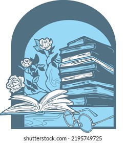 Romantic decorative vector composition with books, flowers and glasses for poster print, book store logo, teachers day postcard. Back to school vintage style theme. Hand drawn illustration.