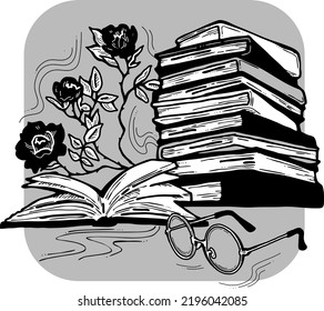 Romantic decorative vector composition with books, flowers and glasses for poster print, book store logo, teachers day postcard. Back to school vintage style theme. Hand drawn illustration.