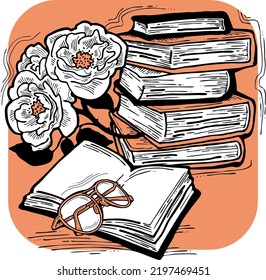 Romantic decorative vector composition with books, flowers and glasses for poster print, book store logo, teachers day postcard. Back to school vintage style theme. Hand drawn illustration.