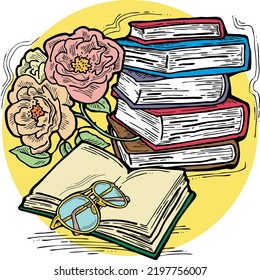 Romantic decorative vector composition with books, flowers and glasses for poster print, book store logo, teachers day postcard. Back to school vintage style theme. Hand drawn illustration.