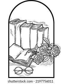 Romántica composición vectorial decorativa con libros, flores y gafas para la impresión de afiches, logo de la tienda de libros, postal del día del profesor. De vuelta al tema de estilo vintage de la escuela. Ilustración dibujada a mano.