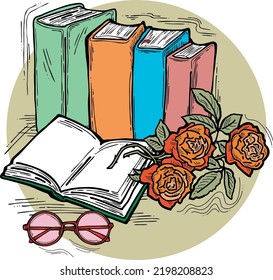 Romántica composición vectorial decorativa con libros, flores y gafas para la impresión de afiches, logo de la tienda de libros, postal del día del profesor. De vuelta al tema de estilo vintage de la escuela. Ilustración dibujada a mano.