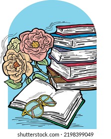 Romantic decorative vector composition with books, flowers and glasses for poster print, book store logo, teachers day postcard. Back to school vintage style theme. Hand drawn illustration.