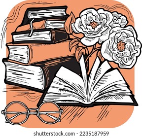 Romántica composición vectorial decorativa con libros, flores y gafas para la impresión de afiches, logo de la tienda de libros, postal del día del profesor. De vuelta al tema de estilo vintage de la escuela. Ilustración dibujada a mano.