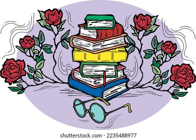 Romantic decorative vector composition with books, flowers and glasses for poster print, book store logo, teachers day postcard. Back to school vintage style theme. Hand drawn illustration.