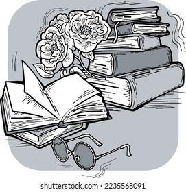 Romantic decorative vector composition with books, flowers and glasses for poster print, book store logo, teachers day postcard. Back to school vintage style theme. Hand drawn illustration.