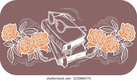 Romantic decorative vector composition with books, flowers and glasses for poster print, book store logo, teachers day postcard. Back to school vintage style theme. Hand drawn illustration.