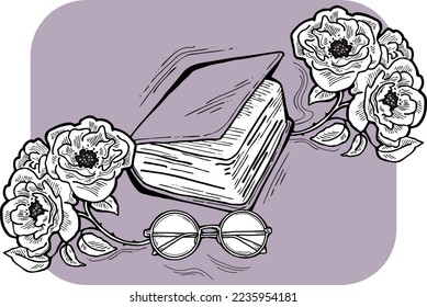 Romantic decorative vector composition with books, flowers and glasses for poster print, book store logo, teachers day postcard. Back to school vintage style theme. Hand drawn illustration.