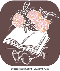 Romantic decorative vector composition with books, flowers and glasses for poster print, book store logo, teachers day postcard. Back to school vintage style theme. Hand drawn illustration.