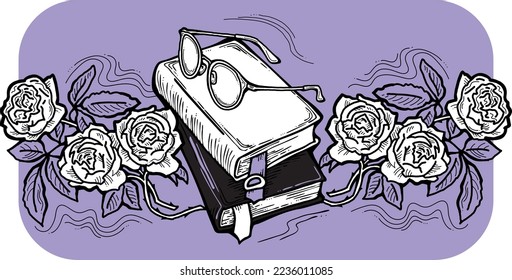 Romantic decorative vector composition with books, flowers and glasses for poster print, book store logo, teachers day postcard. Back to school vintage style theme. Hand drawn illustration.