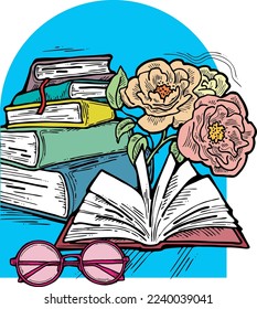 Romantic decorative vector composition with books, flowers and glasses for poster print, book store logo, teachers day postcard. Back to school vintage style theme. Hand drawn illustration.