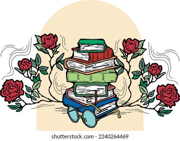 Romantic decorative vector composition with books, flowers and glasses for poster print, book store logo, teachers day postcard. Back to school vintage style theme. Hand drawn illustration.